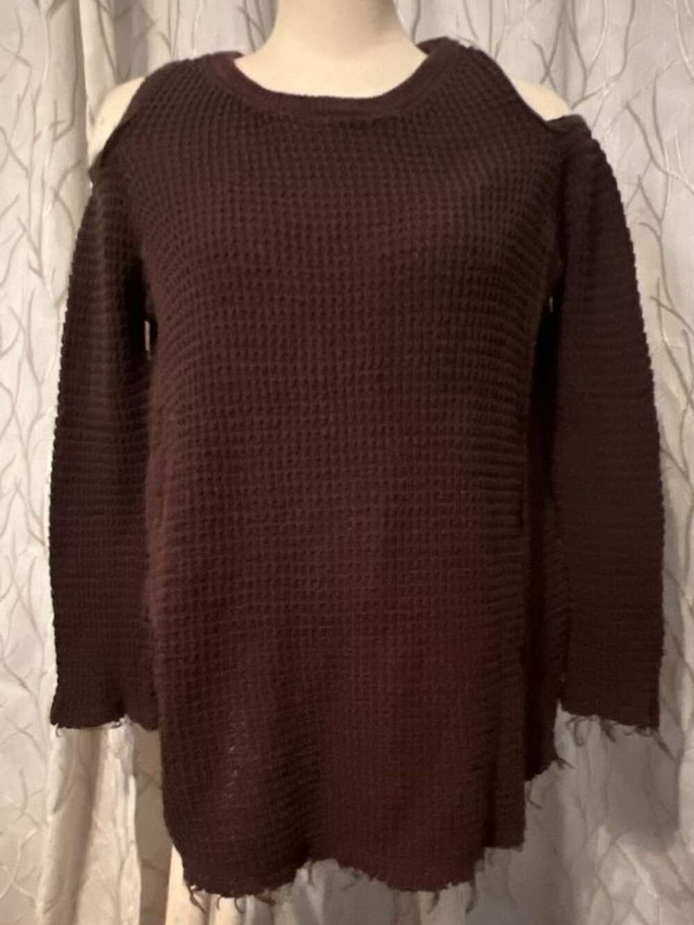 PPLA Atalina Knit Brown Cold Shoulder Waffle Sweater